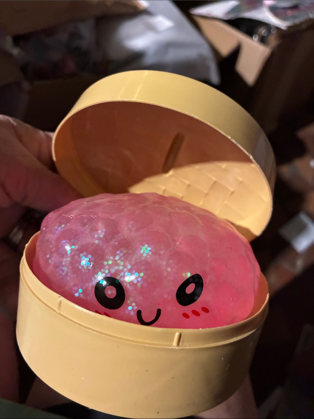 Pink Glitter with bubbles inside Kawaii Squishy bun in Yellow Case